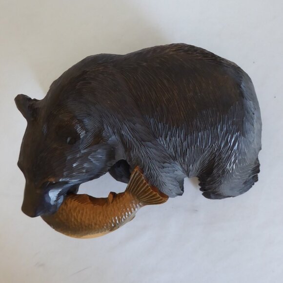 VINTAGE LARGE HOKKAIDO JAPAN JAPANESE AINU HAND CARVED WOOD BEAR WITH SALMON - Picture 8 of 14